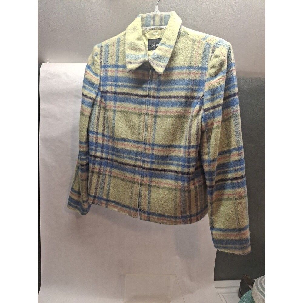 Vintage 90s Size 8 Lime Green Plaid Print Zip Front Jacket Coat Wool & Mohair